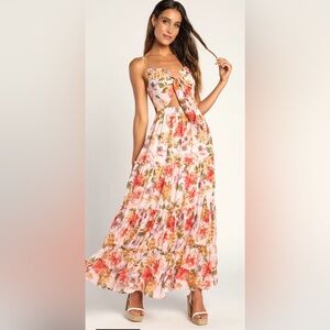 Elegant Enchantment Light Pink Floral Print Tie-Front Maxi Dress